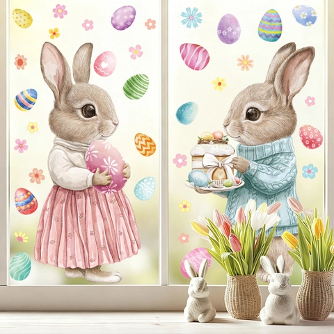 Adesivi Finestra Coniglietto Di Pasqua E Uova Colorate Vetrofania Statica PVC Doppia Faccia Decorazione Per Vetro