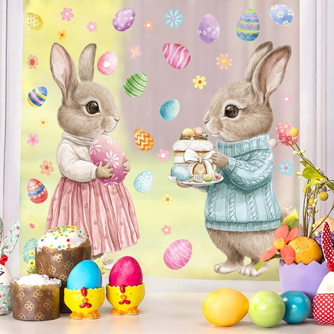 Adesivi Finestra Coniglietto Di Pasqua E Uova Colorate Vetrofania Statica PVC Doppia Faccia Decorazione Per Vetro