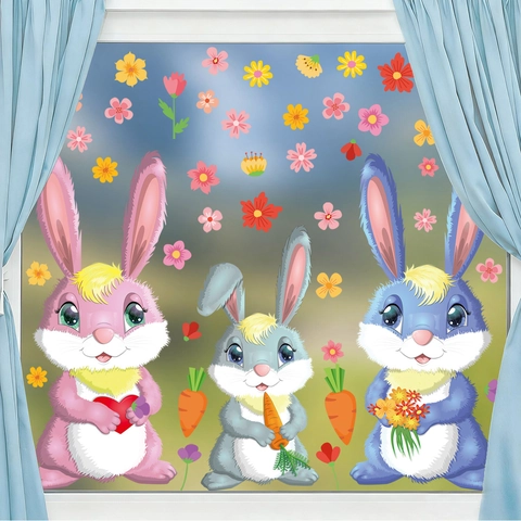Cartoon Hase Fensterbilder Statisch PVC Doppelseitig Ostern Glasaufkleber Blumen Karotten Heimdekoration Abnehmbar Kinderzimmer Aufkleber