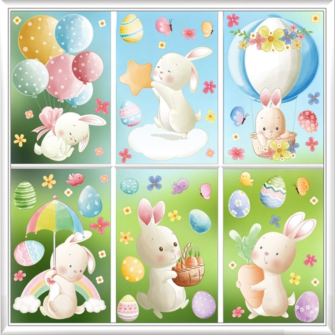 Easter Window Stickers PVC Static Cling Double Sided Waterproof Removable Cartoon Bunny Eggs Watercolor Holiday Home Decor