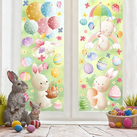 Easter Window Stickers PVC Static Cling Double Sided Waterproof Removable Cartoon Bunny Eggs Watercolor Holiday Home Decor