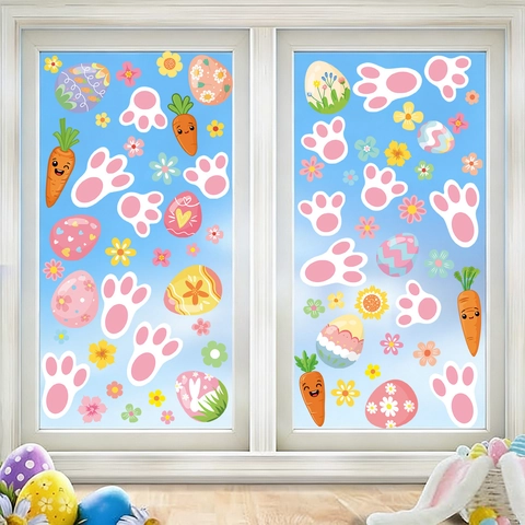 Easter Window Clings Double Sided Static PVC Stickers Colorful Egg Bunny Paw Carrot Flower Decals For Glass Holiday Decor