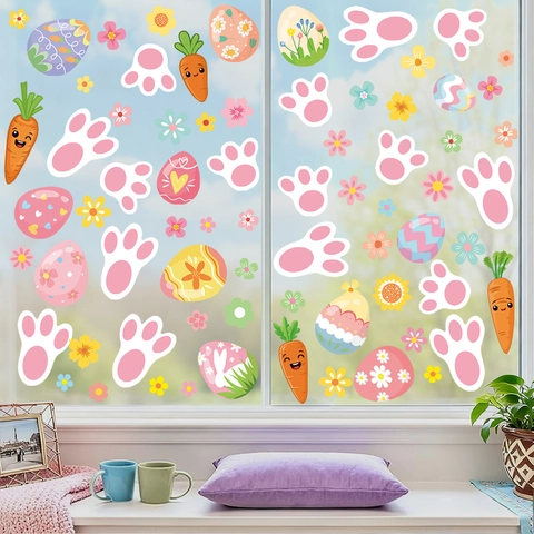 Easter Window Clings Double Sided Static PVC Stickers Colorful Egg Bunny Paw Carrot Flower Decals For Glass Holiday Decor
