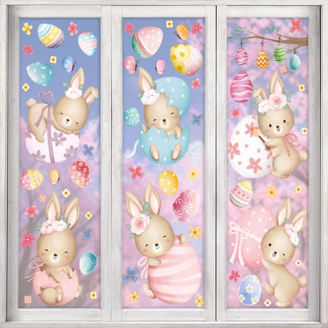 Easter Window Clings Double Sided Static PVC Decals Cartoon Bunny Colorful Egg Flower Butterfly For Glass Decoration