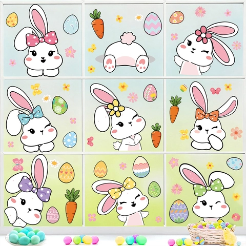 Easter Window Clings Static Stickers Double Sided Cartoon Rabbit Eggs Carrots Flowers Glass Decoration Holiday Party Home Decor