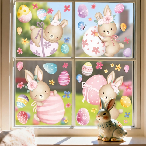 Easter Window Clings Double Sided Static PVC Decals Cartoon Bunny Colorful Egg Flower Butterfly For Glass Decoration