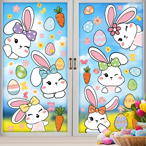 Easter Window Clings Static Stickers Double Sided Cartoon Rabbit Eggs Carrots Flowers Glass Decoration Holiday Party Home Decor