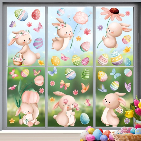 Easter Window Clings Static Stickers Double Sided Watercolor Bunny Eggs Flower Decoration Removable For Glass Surfaces