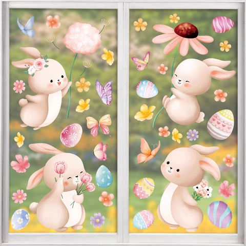 Easter Window Clings Static Stickers Double Sided Watercolor Bunny Eggs Flower Decoration Removable For Glass Surfaces
