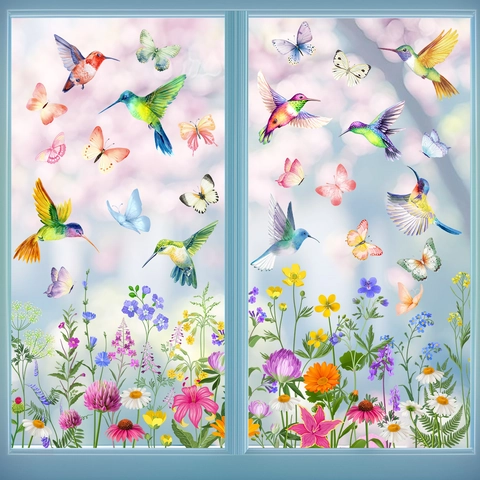Aquarell Kolibri Schmetterling Fensterbilder Doppelseitig Statisch PVC Aufkleber Glas Deko Frühlingsblumen