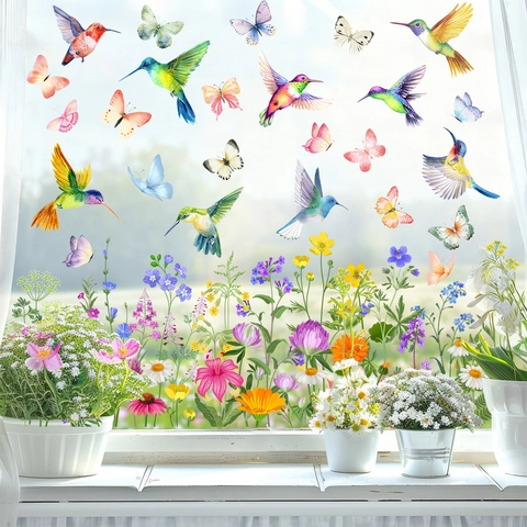 Aquarell Kolibri Schmetterling Fensterbilder Doppelseitig Statisch PVC Aufkleber Glas Deko Frühlingsblumen