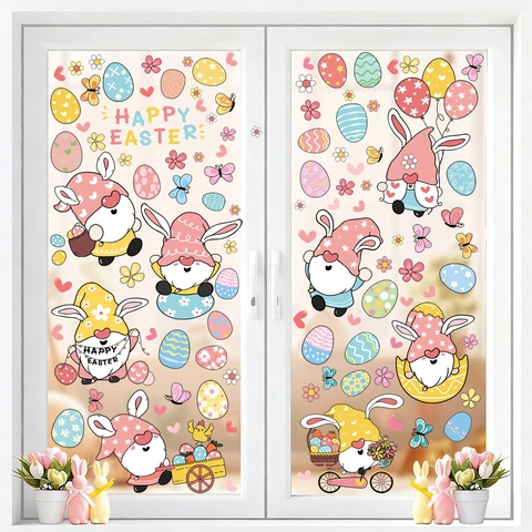 Easter Window Clings Gnomes Bunnies Eggs Static Cling Stickers Double Sided PVC Holiday Glass Decoration