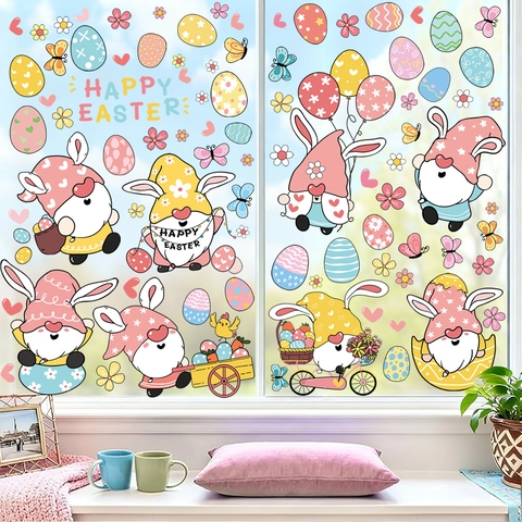 Easter Window Clings Gnomes Bunnies Eggs Static Cling Stickers Double Sided PVC Holiday Glass Decoration