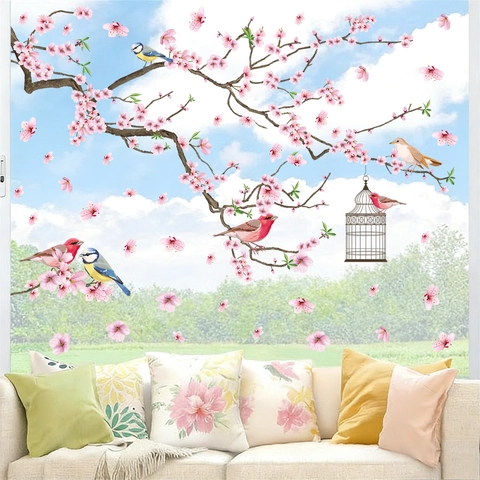 Cherry Blossom And Birds Static Window Stickers PVC Flower Branch Birdcage Glass Clings Decorative Removable