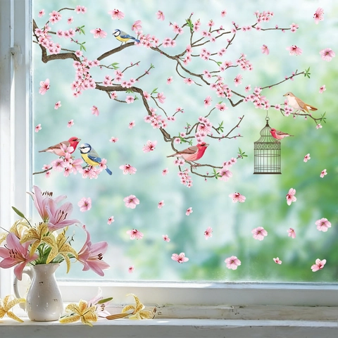 Cherry Blossom And Birds Static Window Stickers PVC Flower Branch Birdcage Glass Clings Decorative Removable