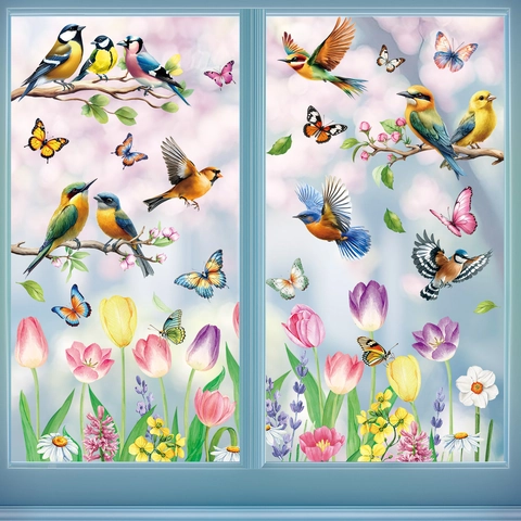 Bird Hummingbird Butterfly Window Clings Static PVC Double Sided Spring Flower Floral Glass Decoration Sticker