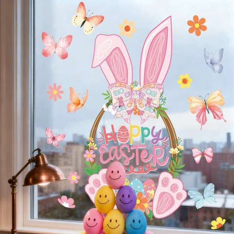 Easter Static Window Stickers PVC Rabbit Ear Butterfly Flower Decals For Glass Window Fridge Door Holiday Decor