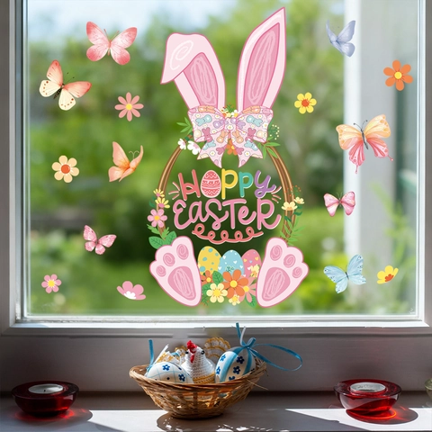 Easter Static Window Stickers PVC Rabbit Ear Butterfly Flower Decals For Glass Window Fridge Door Holiday Decor
