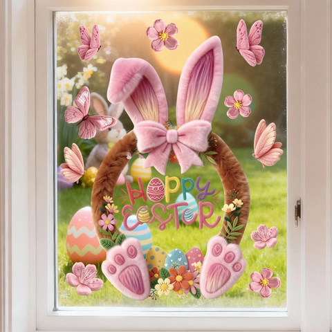 Easter Window Stickers PVC Static Cling Happy Easter Pink Rabbit Butterfly Flower Glass Decals For Home Shop Decor