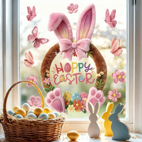 Easter Window Stickers PVC Static Cling Happy Easter Pink Rabbit Butterfly Flower Glass Decals For Home Shop Decor