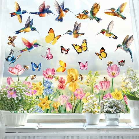 Kolibri Schmetterling Fensterbilder Statisch PVC Doppelseitig Bunt Frühling Blumen Aufkleber Für Glasdekoration