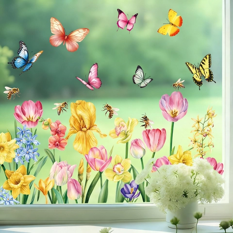 Kolibri Schmetterling Fensterbilder Statisch PVC Doppelseitig Bunt Frühling Blumen Aufkleber Für Glasdekoration