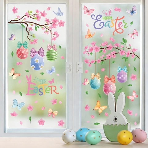 Pegatinas Pascua Ventana Adhesivos Estáticos PVC Cerezo Huevos Mariposa Decoración Para Cristal Home Holiday Decor