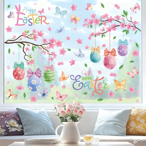 Pegatinas Pascua Ventana Adhesivos Estáticos PVC Cerezo Huevos Mariposa Decoración Para Cristal Home Holiday Decor