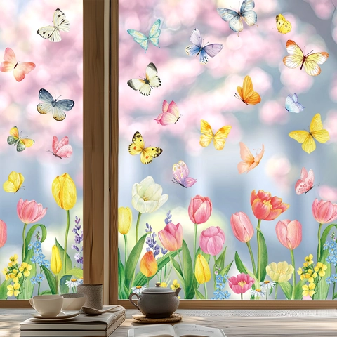 Pegatinas Estáticas Para Ventanas Mariposa Tulipán Primavera Doble Cara Acuarela Floral Decoración Hogar