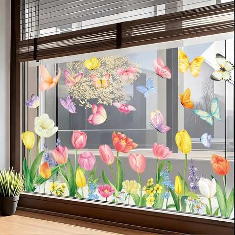 Pegatinas Estáticas Para Ventanas Mariposa Tulipán Primavera Doble Cara Acuarela Floral Decoración Hogar