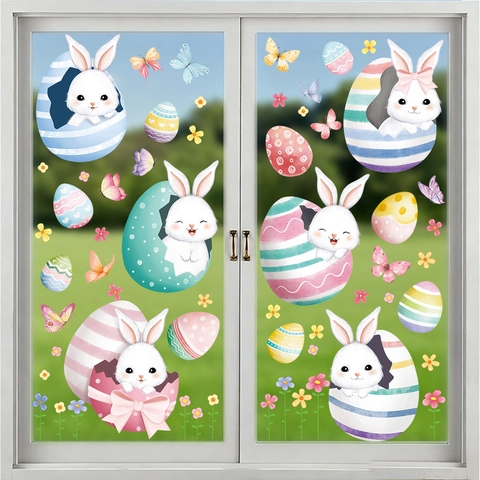 Adesivi per Finestre Coniglietto di Pasqua e Uova Fronte Retro Statici Acquerello Coniglio Farfalla Floreale Decalcomanie per Pasqua Festa Casa
