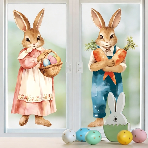 Easter Bunny Window Stickers PVC Static Cling Removable Watercolor Rabbit Carrot Egg Home Glass Door Decoration Decor