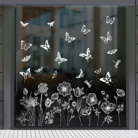 White Butterfly Flower Window Clings Static Stickers Glass Decoration Spring Hand Drawn Floral Pattern Removable Non Adhesive