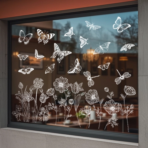 White Butterfly Flower Window Clings Static Stickers Glass Decoration Spring Hand Drawn Floral Pattern Removable Non Adhesive