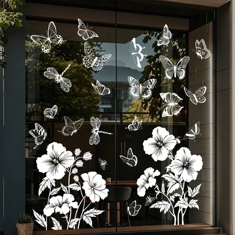 Autocollants de Fenêtre Statiques Papillon Fleur Blancs Décalcomanies en PVC Amovibles pour Porte Vitrée Magasin Salon Chambre Décor