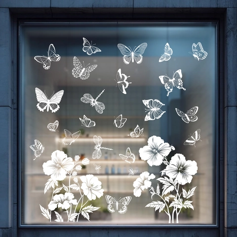 Autocollants de Fenêtre Statiques Papillon Fleur Blancs Décalcomanies en PVC Amovibles pour Porte Vitrée Magasin Salon Chambre Décor