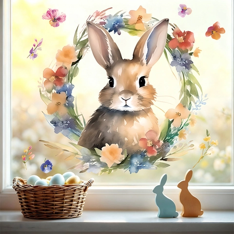 Adesivi Finestra Pasqua Coniglio Acquerello Ghirlanda Floreale PVC Decalcomanie Statiche Porta Vetro Decorazione Casa