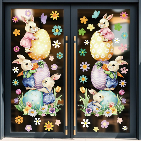 Easter Window Cling Stickers PVC Static Cartoon Rabbit Colorful Eggs Removable Reusable Holiday Decoration For Glass Door