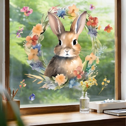 Adesivi Finestra Pasqua Coniglio Acquerello Ghirlanda Floreale PVC Decalcomanie Statiche Porta Vetro Decorazione Casa