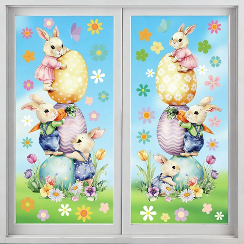 Easter Window Cling Stickers PVC Static Cartoon Rabbit Colorful Eggs Removable Reusable Holiday Decoration For Glass Door