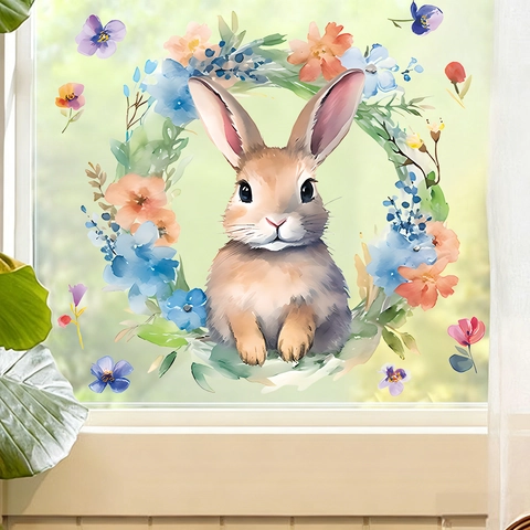 Easter Bunny Window Sticker PVC Static Cling Flower Wreath Watercolor Spring Holiday Home Glass Decoration Ornament