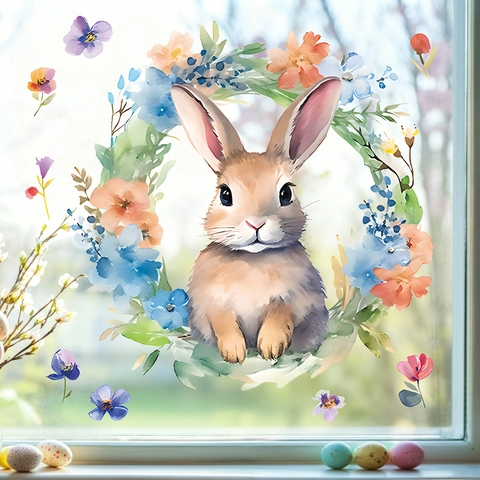 Easter Bunny Window Sticker PVC Static Cling Flower Wreath Watercolor Spring Holiday Home Glass Decoration Ornament