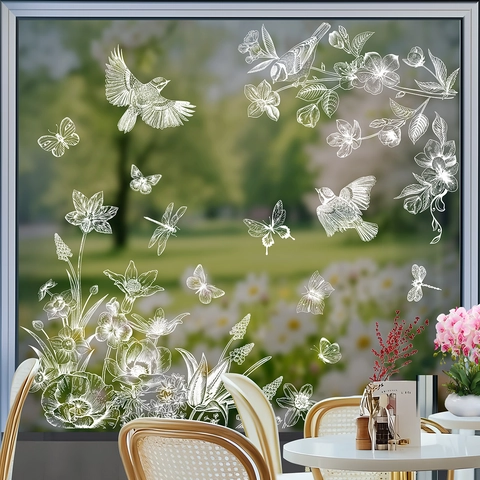 Statische Raamstickers Witte Bloemen Vlinders Vogels Libellen Patroon Lente Glasdecoratie Lijntekening