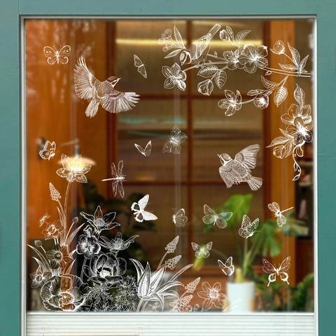 Statische Raamstickers Witte Bloemen Vlinders Vogels Libellen Patroon Lente Glasdecoratie Lijntekening