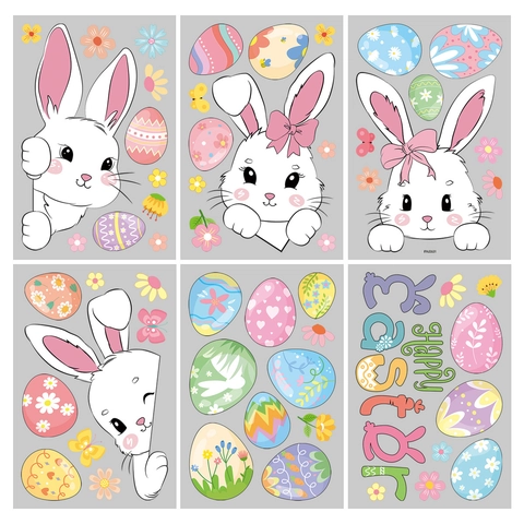 Adesivi Finestra Pasqua Coniglio Uova Colorate PVC Adesivi Statici Decorazione Doppia Faccia Casa Vetro Festa Festivo