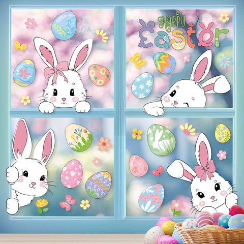 Adesivi Finestra Pasqua Coniglio Uova Colorate PVC Adesivi Statici Decorazione Doppia Faccia Casa Vetro Festa Festivo