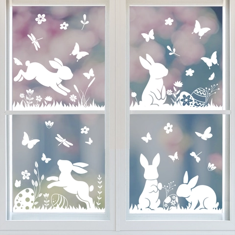 Easter Bunny Window Clings White Static Sticker Rabbit Silhouette Double Sided Decals For Glass Holiday Party Decor