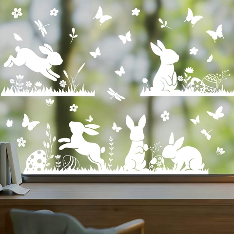 Easter Bunny Window Clings White Static Sticker Rabbit Silhouette Double Sided Decals For Glass Holiday Party Decor