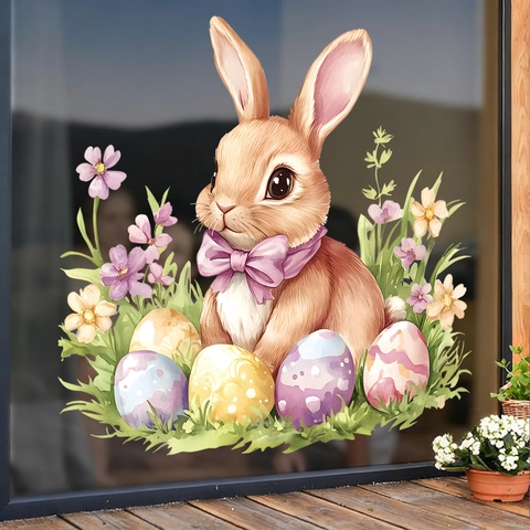 Easter Bunny Rabbit Window Sticker Static Cling Watercolor Egg Flower PVC Decal For Home Holiday Decor Removable