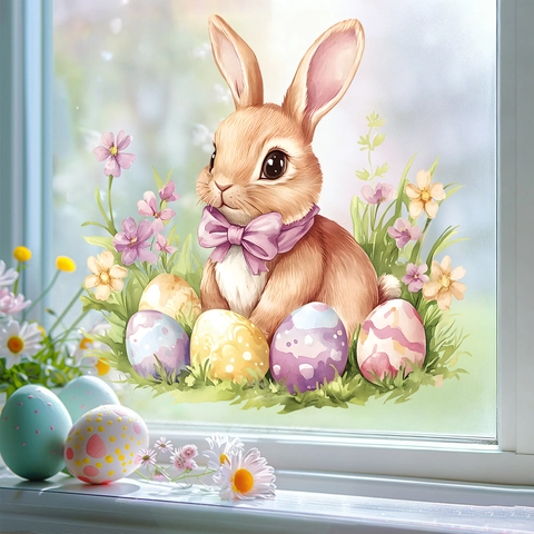 Easter Bunny Rabbit Window Sticker Static Cling Watercolor Egg Flower PVC Decal For Home Holiday Decor Removable